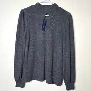 Adrienne Vittadini Sweater Small‎ Rhinestone Keyhole Mock Neck Women's Gray NWT